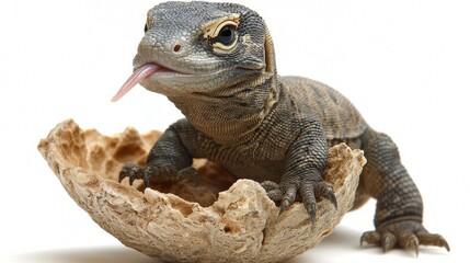 Obraz premium Captivating close up of baby Komodo dragon rough textured skin and flicking tongue. creature explores its surroundings against plain white backdrop.