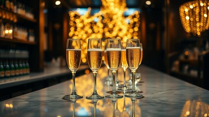 A luxurious bar scene with a row of bubbling champagne glasses on a marble countertop, with golden s