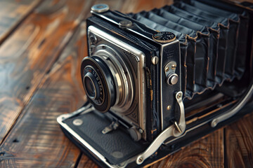 Vintage Retro-style Instant Polaroid Camera with Film Cartridges on Rustic Wooden Surface
