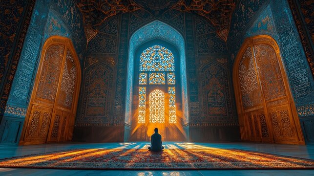 In grand mosque magnificent mihrab features intricate geometric mosaics in gold blue and turquoise. lone figure kneels in prayer as sunlight filters through carved screens.
