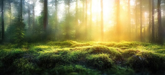 Obraz premium Lush Greenery in a Dreamy Forest Landscape with Sunlight and Moss