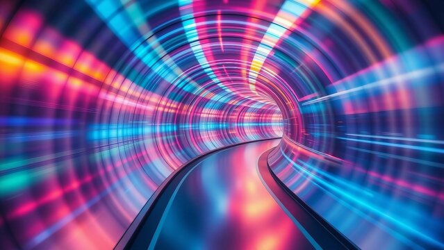 A dynamic tunnel with curved metallic walls, pulsating with waves of colored light, creating a hypno