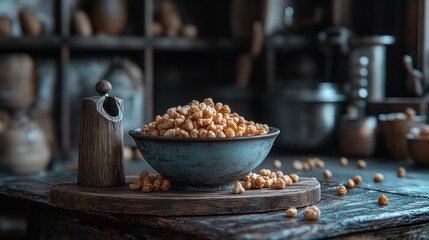 Roasted chickpeas in rustic bowl, old kitchen