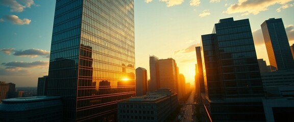 A towering glass skyscraper with sleek lines and reflective surfaces, bathed in golden sunset light
