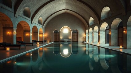 A serene spa sanctuary in a repurposed monastery, featuring high vaulted stone ceilings, minimalist
