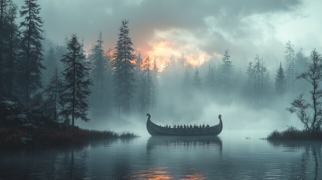 massive Viking longship filled ghostly warriors sails through mist covered sea. sky contrasts glorious golden light abyss of darkness highlighting their uncertain fate.