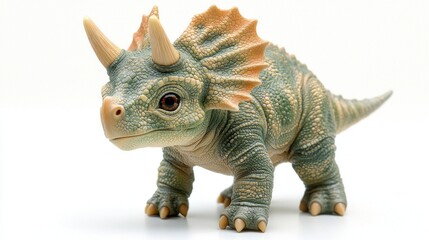 Fototapeta premium baby Triceratops stands against white backdrop showcasing its thick scaly skin in shades of brown and green.