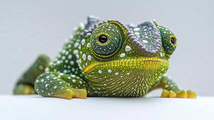 Fototapeta premium baby Jacksons chameleon clings white surface. Its vibrant green scales shimmer studio lights while tiny horns are just starting form creating enchanting display of nature.