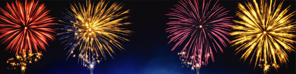 Stunning Vector Fireworks Explosion Display with Vibrant Red, Yellow, and Pink Colors Against Night Sky - Perfect for Celebrations and Festive Occasions