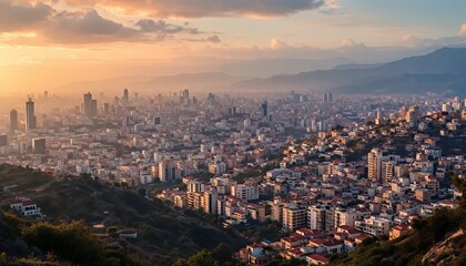 Obraz premium Golden Sunset Over a Hillside City: Panoramic View of Urban Sprawl