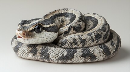 Obraz premium striking portrait features baby Gaboon viper curled up its geometric patterned scales create mesmerizing design against clean white backdrop as it flicks its tongue.