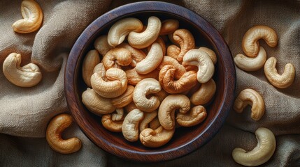 Naklejka premium Roasted cashews in wooden bowl on linen cloth