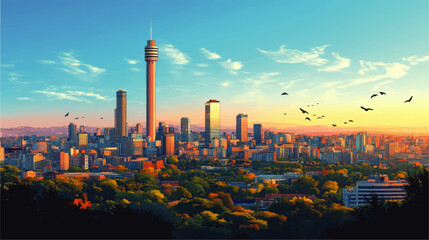 Obraz premium Stunning Vector Art Cityscape of Johannesburg Skyline at Sunset Featuring Iconic Skyscrapers, Tower, and Vibrant Urban Landscape with Silhouetted Birds and Clouds