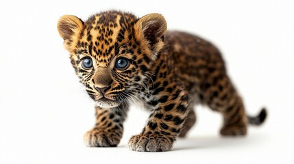 Obraz premium baby leopard cub stands on white background its golden coat adorned dark rosettes. It stretches its small limbs showcasing curious blue eyes and tiny claws.