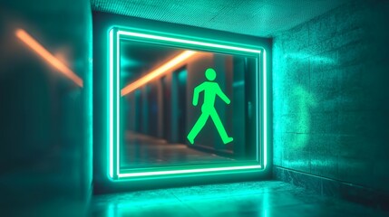 modern emergency exit sign green pictogram of running figure is mounted on ceiling of dimly lit corridor casting soft green glow guide individuals safety.