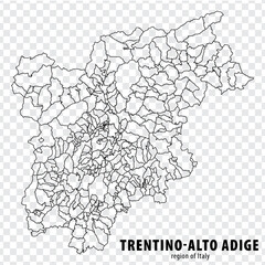 Blank map Trentino-Alto Adige of Italy. High quality map Region Trentino-Alto Adige with municipalities on transparent background for your web site design, logo, app, UI.  EPS10.