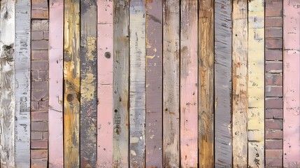 Rustic wooden planks with natural weathering, a brick wall in muted tones behind, framed by a radiant pink color wash, pop art-inspired composition