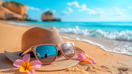 A stylish summer hat with trendy sunglasses resting on warm golden sand gentle sea waves in the background capturing the essence of relaxation and a summer vacation