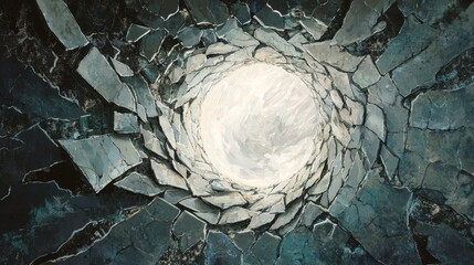 Shattered ceramic tiles forming a jagged circle, a brilliant white light erupting through the opening, illustration style, glowing details, ethereal mood