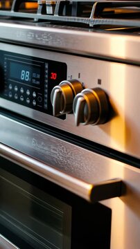 Modern kitchen stove with digital display and knobs for precise temperature control in a stylish kitchen environment