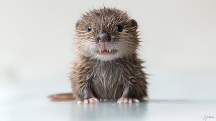 captivating wildlife portrait features baby beaver damp brown fur. Its small webbed feet and tiny rounded tail add charm while emerging front teeth hint growth.