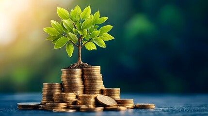 Bright and composition of a small tree thriving on top of layered coins symbolizing strategic financial planning savings and sustainable investment for future prosperity