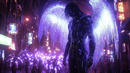 Imposing figure of Archangel Michael emerges in sleek black armor glowing blue circuitry. He brandishes plasma sword against horde of AI demons in vibrant holographic setting.