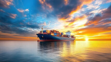 Naklejka premium Container ship at sea with digital network links, digital trade network connection concept, global shipping industry. 