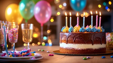 Cheerful and colorful birthday cake adorned with chocolate accents bright sugar candy toppings set in a festive party scene with balloons and glowing candlelight