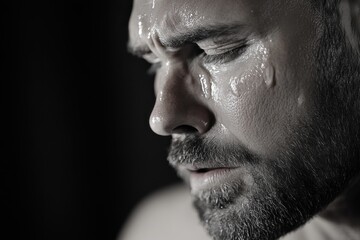 A monochromatic image capturing a man’s serious expression, highlighting internal struggles, emotions, and the raw depth of human experience through a dramatic close-up.