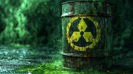rusted barrel leaking green toxic waste stands ominously in dark setting. radioactive hazard sign warns of danger as mist rises around it creating unsettling atmosphere.