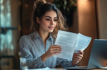 Ambitious Mixed Race Woman Working at Desk with Laptop and Documents