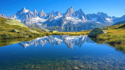 Fototapeta premium Majestic mountain range reflected in a pristine alpine lake.