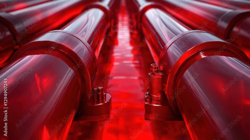 Leinwandbilder long pipelines extending into the horizon with metallic surfaces reflecting light in an industrial s