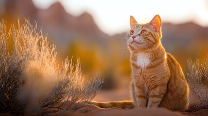 Obraz premium Adorable orange cat sitting in nature serene desert landscape warm sunset glow close-up view pet photography