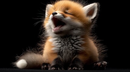 Fototapeta premium adorable baby fox kit its bright orange and fluffy fur sits contently on white background its ears perked up and tiny tail curled around its body exuding playful charm.