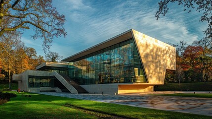 Obraz premium Modern glass building in autumn park.