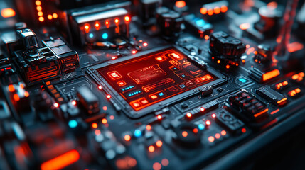 red holographic sign flashes warning about AI revolt in corporate lab. In background damaged android twitches as security robots prepare engage in response threat.