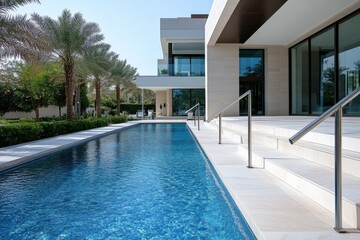 Fototapeta premium An elegant villa with a stunning pool surrounded by palm trees, showcasing luxury living and tranquil outdoor space ideal for relaxation and leisure activities.