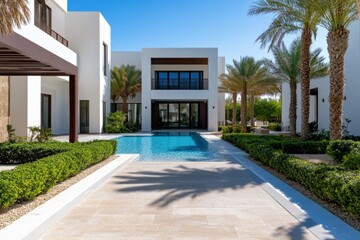 A beautiful modern villa featuring a clear swimming pool, surrounded by palm trees and green gardens to promote a serene lifestyle and relaxing outdoor environment.
