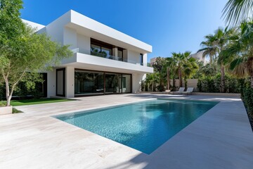 Fototapeta premium A stylish modern house showcases a pristine swimming pool under a clear blue sky, complemented by tasteful landscaping and contemporary design that exudes luxury.