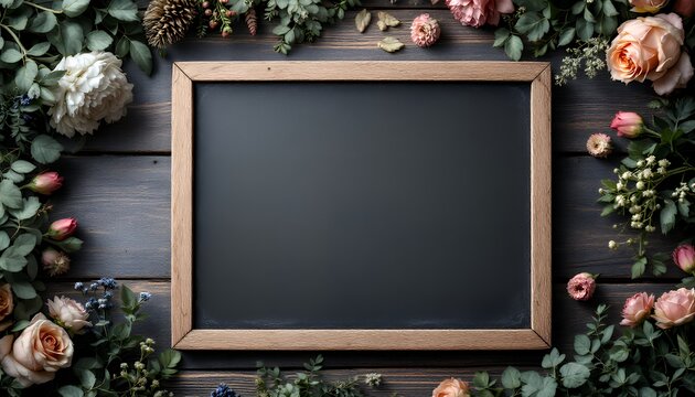 Rustic Floral Frame with Blank Chalkboard on Dark Wood