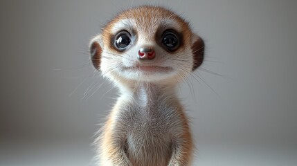 Fototapeta premium baby meerkat stands upright showcasing its adorable features. Its golden and brown fur shines softly as it curiously tilts its head capturing attention its big eyes.
