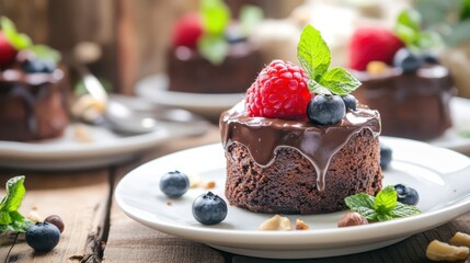 Decadent chocolate cake topped with fresh raspberries and blueberries served on a rustic wooden table during a sunny afternoon