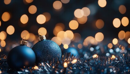 Fototapeta premium Festive blue baubles nestled in tinsel with bokeh lights.