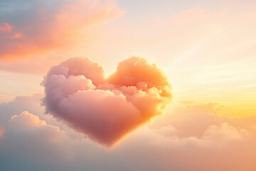 A heart-shaped cloud glows with sunset hues. The setting sun casts a warm light, painting a romantic and serene sky, capturing nature's fleeting beauty.