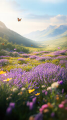 Obraz premium A sprawling field of wild lavender, embodying a natural and untamed beauty. The purple blossoms create a fragrant and serene landscape, showcasing nature's raw elegance.