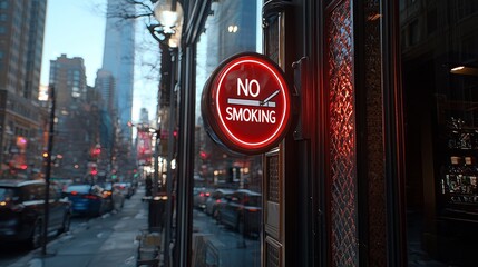 clear no smoking sign is prominently displayed on glass building entrance featuring red circle cigarette and diagonal slash. cityscape is reflected in glass.