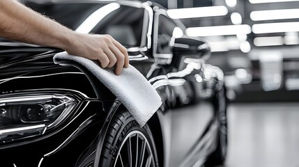 Flawless Automotive Detailing A Luxury Car s Glossy Transformation   A professional detailer using a soft microfiber cloth to meticulously clean and restore the deep shine and perfection of a premium