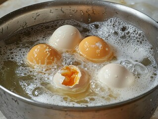 Boiling Fresh Eggs in Water in an Authentic Kitchen Environment with Soft Natural Light